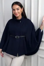 Kadın Düğmeli Beli Kemerli Kaşe Panço