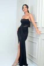 Robe longue à paillettes doublée et sans bretelles pour femme