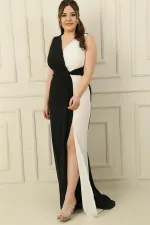 Kruvaze Yaka Önü Büzgülü Astarlı 2 Renk Büyük Beden Şifon Uzun Elbise