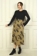 Kadın Beli Kemerli Eteği Şal Desenli Astarlı Elbise