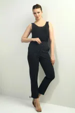 Kadın Beli Lastikli Cepli Boyuna Çizgili Dar Paça Pantolon