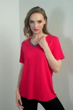 Kadın Yakası Simli V Yaka Kısa Kol Bluz