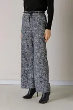 Beli Lastikli Kemerli Yandan Cepli Cam Kırığı Desenli Palazzo Pantolon