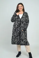 Kadın Zebra Desenli Cepli Büyük Beden Triko Uzun Hırka