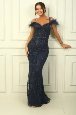 Women's Thin Strapped Underwired Long Dress with Transparent Lining and Beaded Feather Details