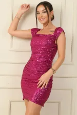 Askılı Önü Drapeli Balenli Astarlı Pulpayet Kısa Elbise