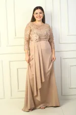 Kadın Çiçekli Altı Saten Üstü Gritel Astarlı Büyük Beden Uzun Elbise