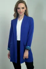 Women's Shawl Collar Long Jacket with Leopard Print Sleeve Cuffs and Lycra Fabric