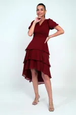 Kadın Kruvaze Yaka Arkası Fermuarlı Katkat Pileli Şifon Elbise