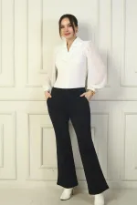 Kadın Beli Lastikli Cepli Full Likra Çelik İspanyol Paça Yanları Taş Şeritli Çımalı Pantolon