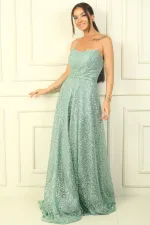 Strapless Lace-Up Back Lined Sequined Long Evening Dress