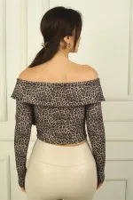 Women's Front Zip Wide Collar Long Sleeve Leopard Print Crop Blouse