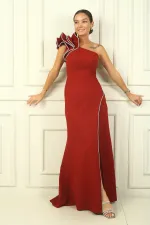 One-Shoulder Lined Crepe Mermaid Dress with Sparkling Stone Details