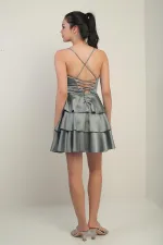 Kadın İp Askılı Arkadan Bağcıklı Eteği Kat Kat Saten Kısa Elbise