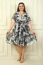 Women's Double-Breasted Collar Flounce Sleeve Lined Waist Belted Large Rose Chiffon Dress