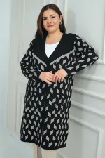 Kadın Cepli Geometrik Desen Büyük Beden Likralı Uzun Triko Hırka