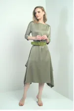 Women's Quarter Sleeve Asymmetrical Crepe Satin Midi Dress with Belted Waist