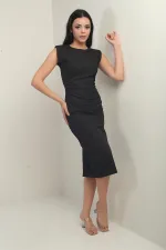 Women's Round Neck Padded Shoulder Side Gathered Lined Midi Dress