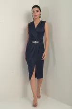 Kadın Kruvaze Yaka Önü Pileli Beli Kemerli Krep Saten Elbise