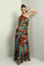 Kadın Tek Omuz Yandan Pencereli Desenli Uzun Krep Saten Elbise