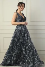 Robe de soirée longue pour femme, décolleté en V devant et dos, pli poitrine, laçage au dos, doublée, imprimé floqué pailleté
