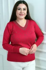 Chemisier en maille grande taille à col en V pour femme, orné de pierres et de fils froids.