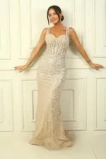 Women's Thick Strap Underwire Transparent Stone and Sequin Long Dress