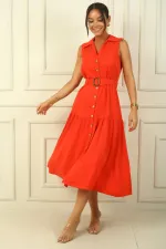 Buttoned Front Belted Long Dress