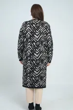 Kadın Zebra Desenli Cepli Büyük Beden Triko Uzun Hırka