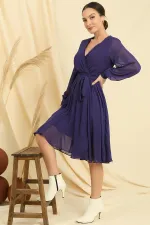 Kruvaze Yaka Uzun Kollu Astarlı Şifon Elbise