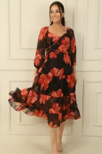 Madonna Collar Lined Cross-Lace Floral Double Breasted Chiffon Dress
