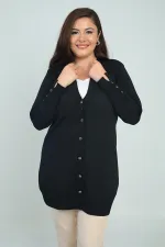 Kadın Kolları Düğme Detaylı Soğuk İplik Büyük Beden Uzun Hırka