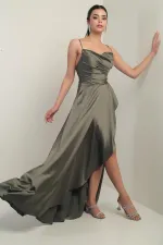 Women's Strappy, Back Lace-Up, Lined, Ruffled Long Satin Dress