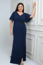 Women's Back V-Neck Lined Waist Beaded Detail Dart-Style Plus Size Crepe Chiffon Dress