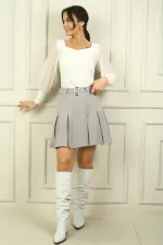 Women's Belted Pleated Short Skirt