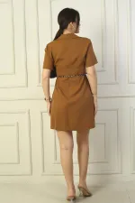 Button-front, short-sleeved, belted A-line pleated dress