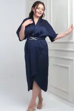 Women's Wrap Neck Short Batwing Sleeve Double Pleated Crepe Satin Plus Size Midi Designer Dress