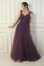 Robe de soirée princesse pour femme, décolleté en V devant et dos, manches tombantes doublées et broderie appliquée sur le haut