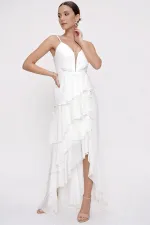 Robe longue en mousseline doublée à bretelles, volants et superpositions