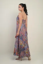 Women's Strappy Long Satin Dress with Embroidered Back Detail and Pattern