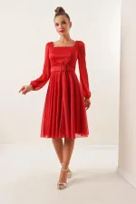 Square Neck Belted Balloon Sleeve Lined Glittery Dress