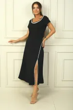 Women's Long Slit Plunge Dress with Piping