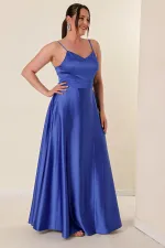 İp Askılı Astarlı Önden Yırtmaçlı Büyük Beden Uzun Saten Elbise