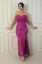 Robe longue à sequins fendue, doublée, sans bretelles, à armatures et laçage au dos