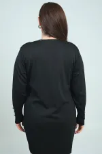 Kadın Kolları Düğme Detaylı Taş Harf Baskılı Soğuk İplik Büyük Beden Hırka