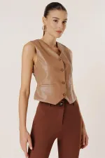 Önü Düğmeli Cepli Astarlı Deri Yelek