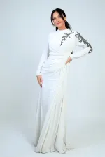 Taş İşlemeli Önü Büzgülü Astarlı Krep Saten Tesettür Elbise