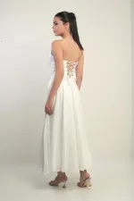 Kadın Degaje Straplez Yaka Astarlı Organze Saten Midi Elbise