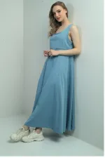 Gilet long sans manches en denim lyocell à col carré pour femme