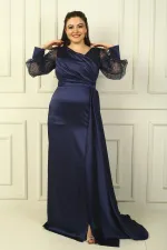 Göğsü Ve Yakası Boncuk İşlemeli Astarlı Büyük Beden Uzun Saten Abiye Elbise